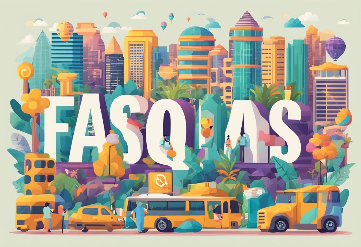 A colorful sign with "Frequently Asked Questions" in bold letters, surrounded by various symbols and icons, located in a bustling area of Singapore