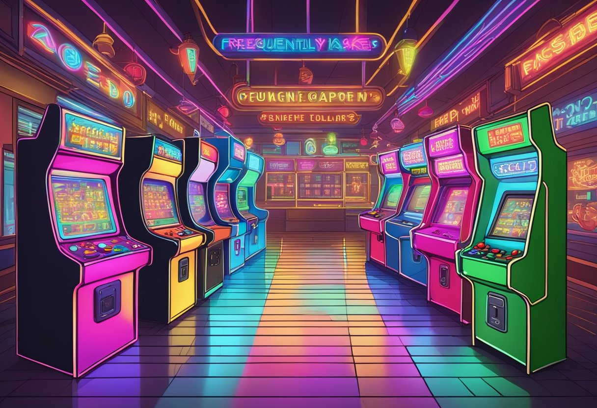 A colorful arcade with neon signs, flashing lights, and rows of arcade machines, with a sign reading "Frequently Asked Questions" in Singapore