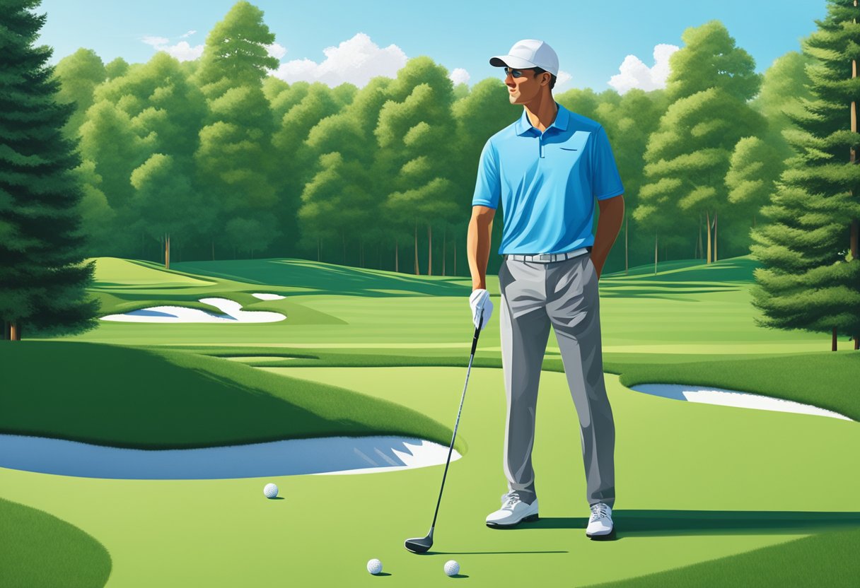 A golfer standing on a lush green driving range, with neatly arranged golf balls and clubs, surrounded by a scenic backdrop of trees and clear blue skies