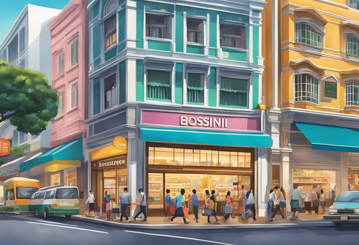 The bustling streets of Singapore, with iconic bossini storefront and vibrant cityscape in the background