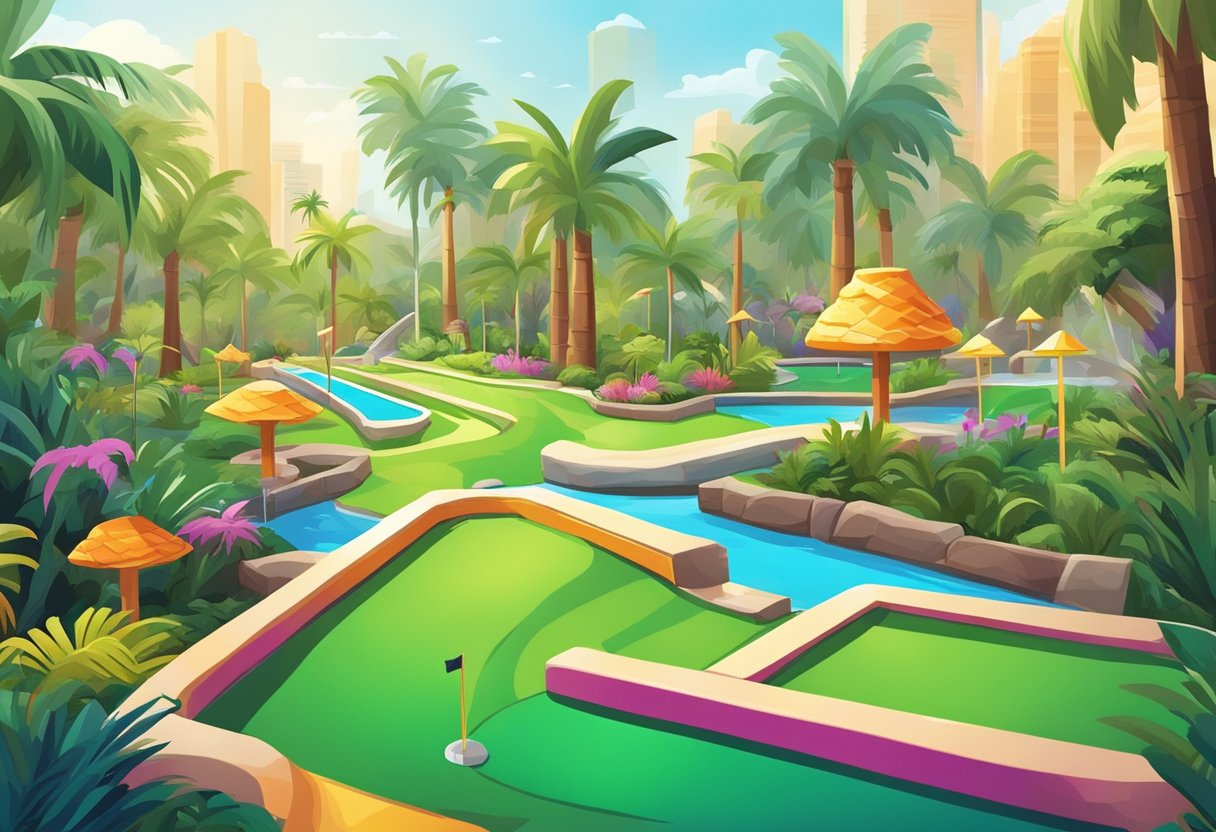 A colorful mini golf course in Singapore with palm trees, water features, and vibrant obstacles