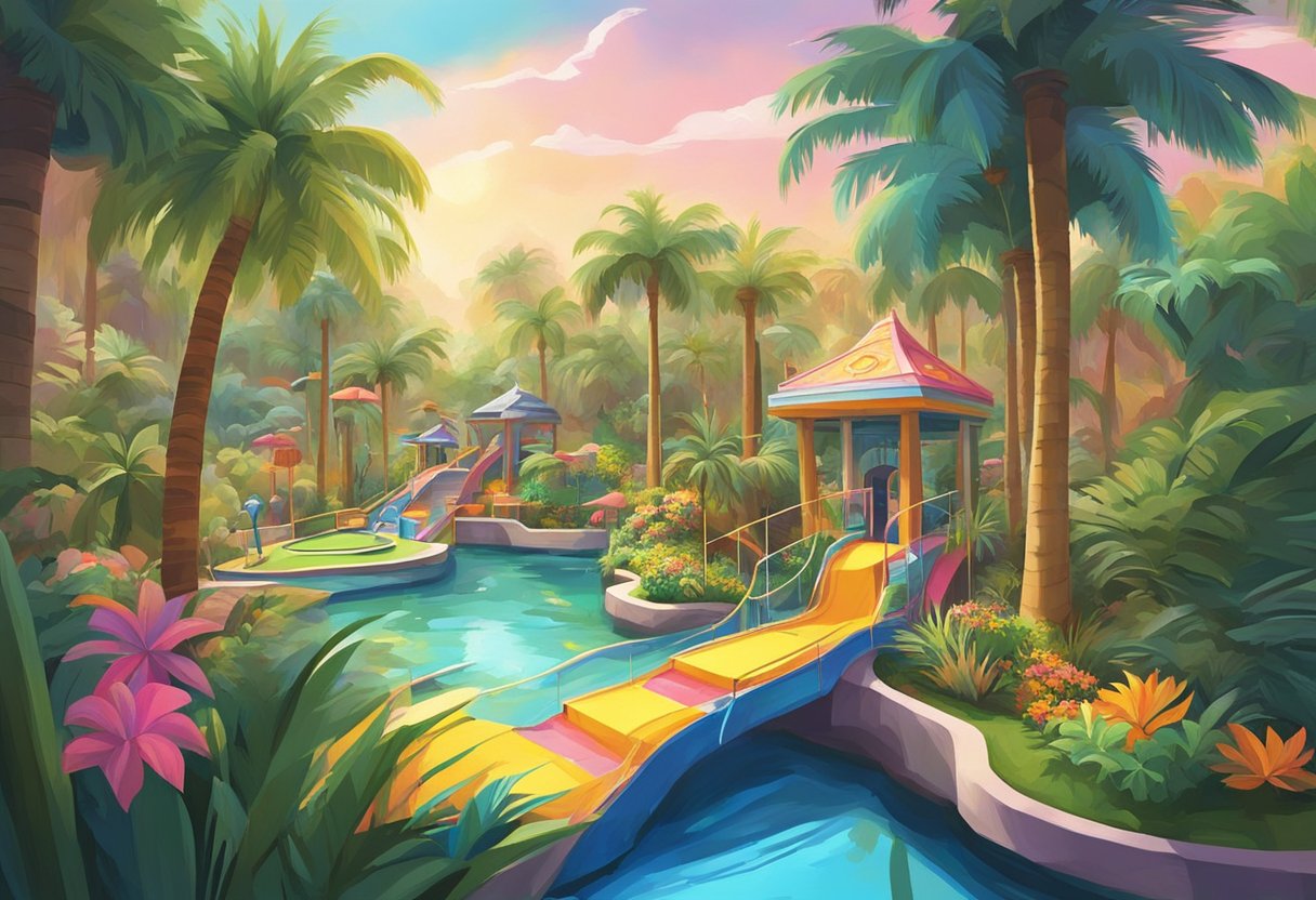 Players putt through vibrant, themed courses at various mini golf venues in Singapore. Palm trees, water features, and colorful obstacles create an exciting and playful atmosphere