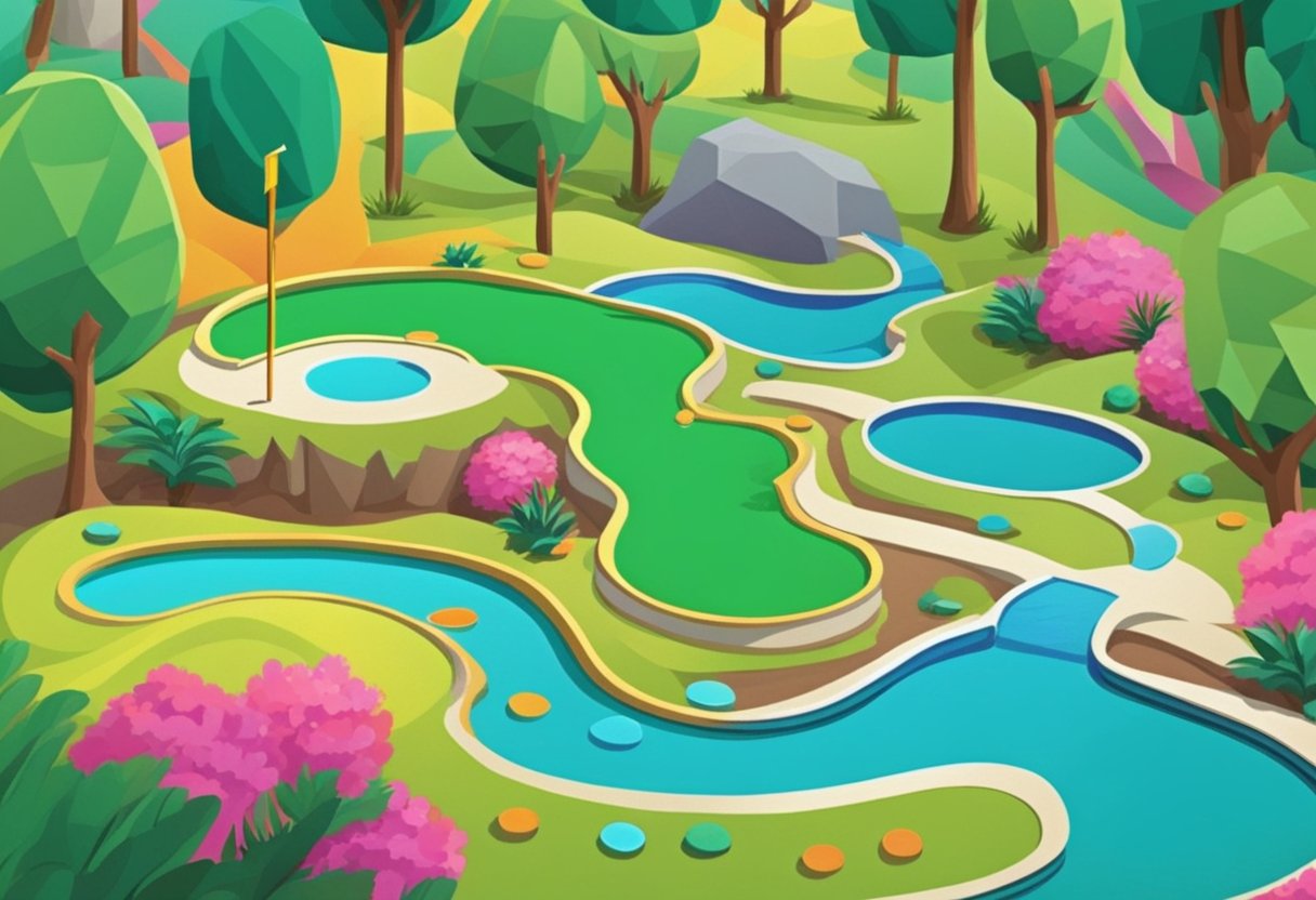 A colorful mini golf course with winding paths, water features, and vibrant landscaping. Players line up their shots, aiming for the challenging holes