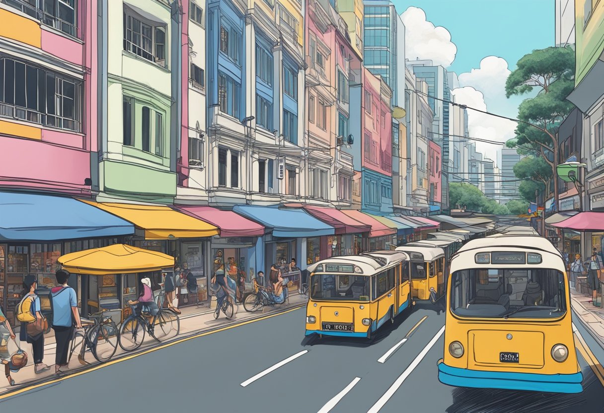 A bustling street in Singapore, with the iconic Fred Perry store standing out among the vibrant cityscape