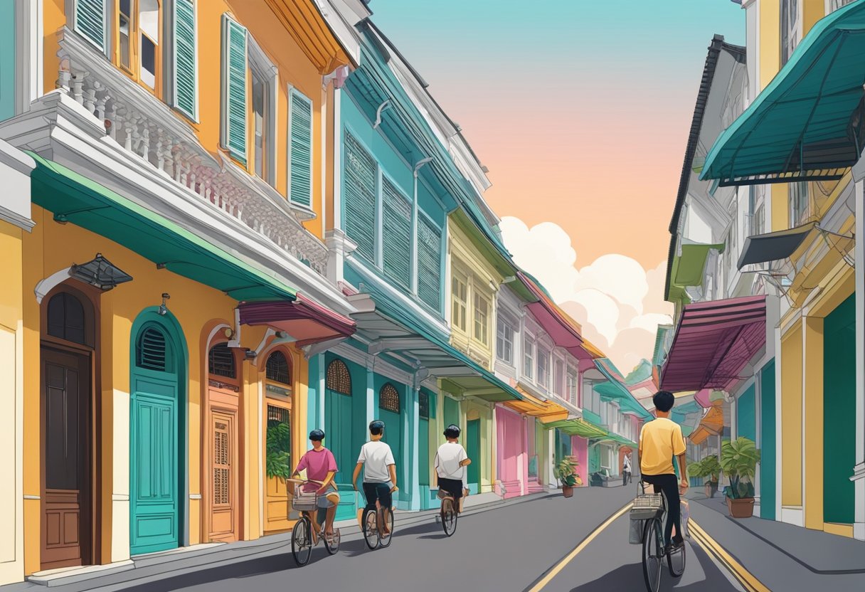 A vibrant street scene in Singapore, with modern architecture and traditional Peranakan shophouses. People wearing Fred Perry clothing, reflecting the city's fusion of style and culture