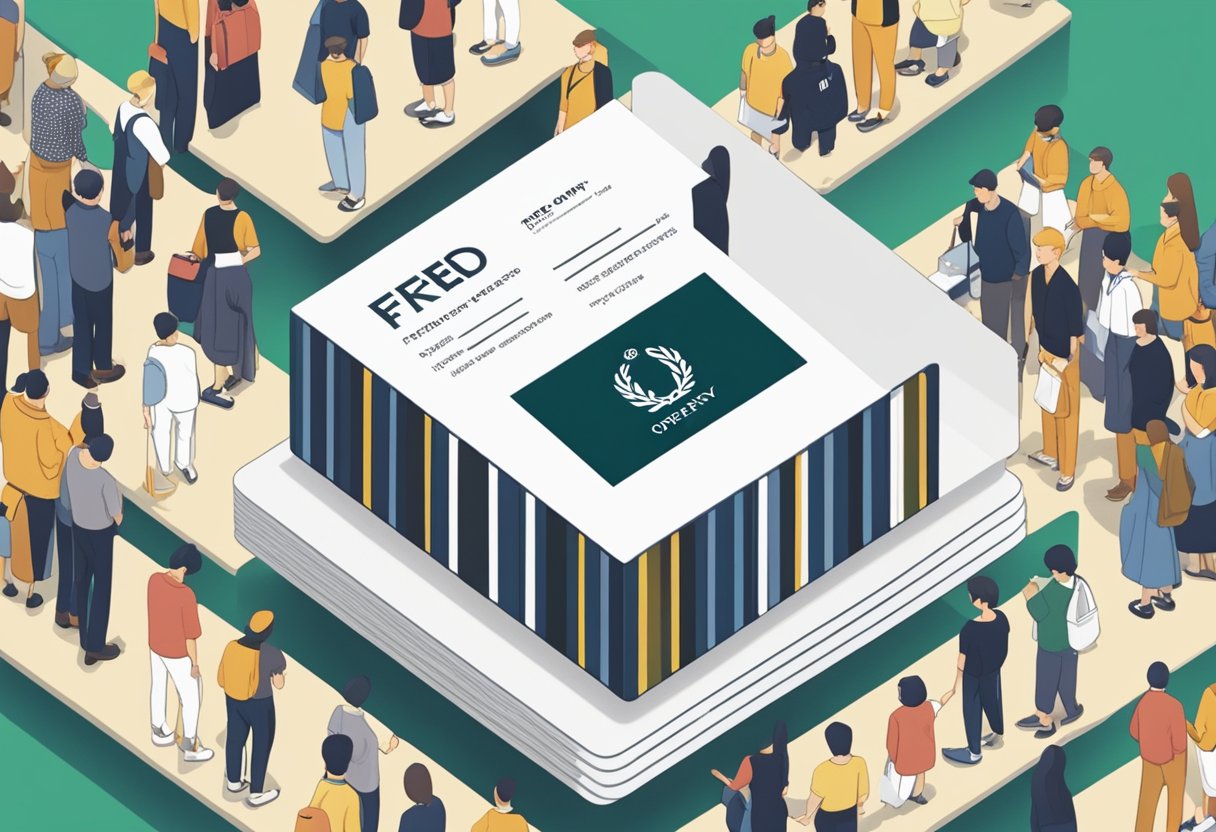 A stack of FAQ cards with the Fred Perry logo, surrounded by a crowd of diverse customers in a Singaporean retail store