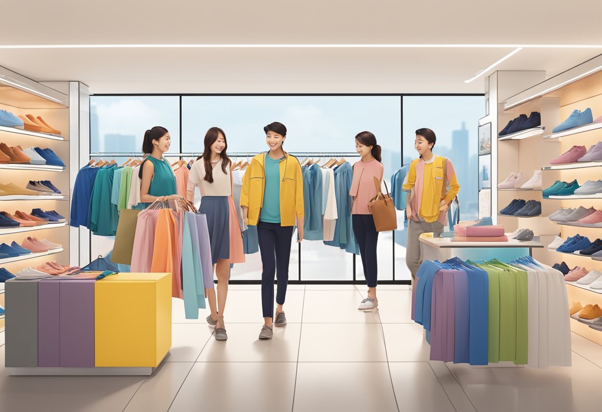 Customers browsing colorful displays, trying on clothes, and taking advantage of promotions at the bossini Singapore store
