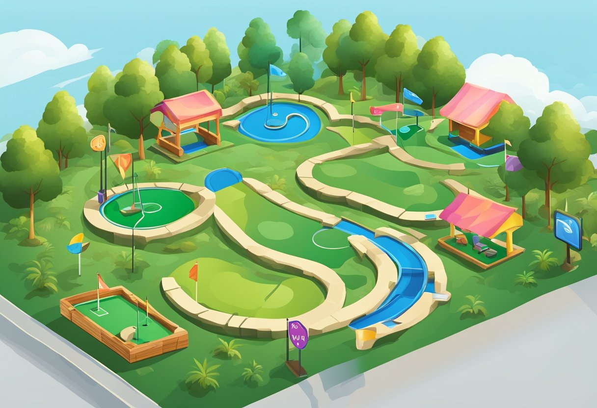 A colorful mini golf course in Singapore with various obstacles and signage for "Frequently Asked Questions" scattered throughout the area