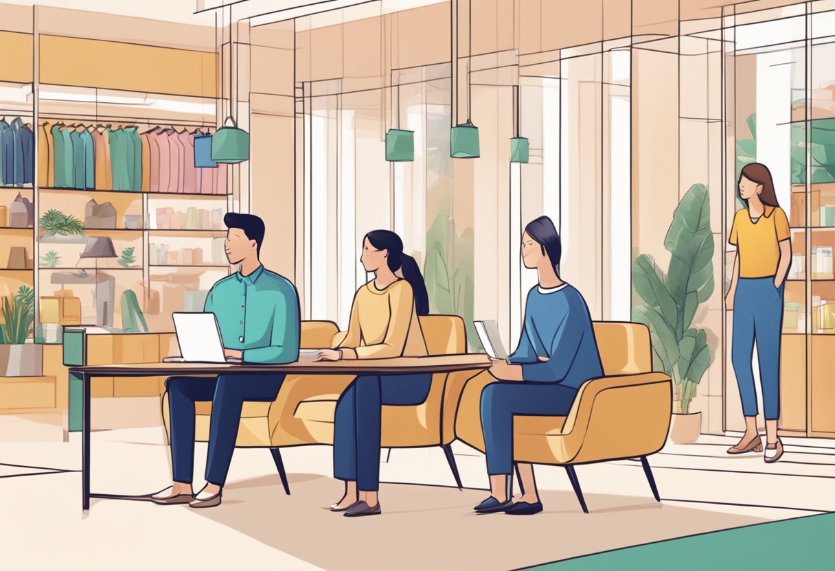 Customers browse FAQ section on bossini Singapore website. Bright, modern store interior with comfortable seating and friendly staff