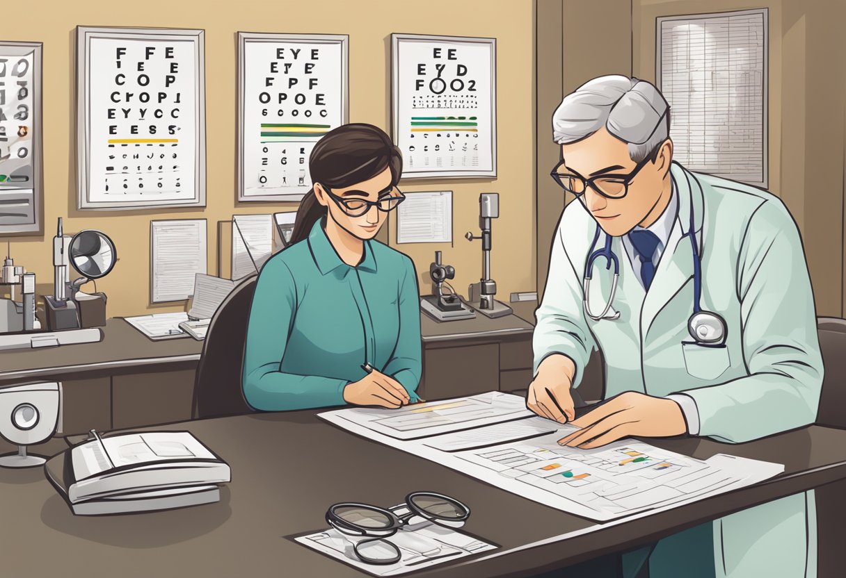 A person with glasses sits in an eye specialist's office, reading an eye chart while the doctor examines their eyes. Various eye care equipment and charts are visible in the background
