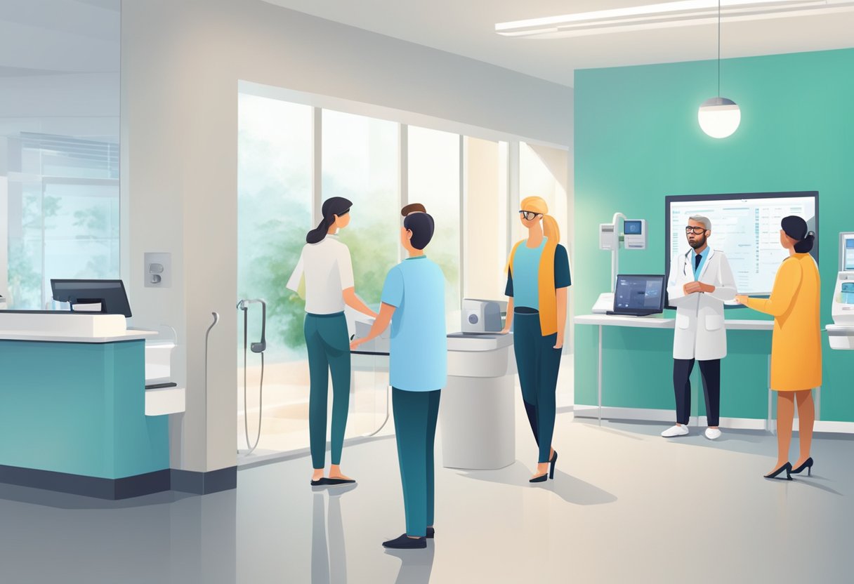 Patients entering a modern eye clinic, greeted by friendly staff. Specialist examining equipment and technology on display. Clean and professional environment