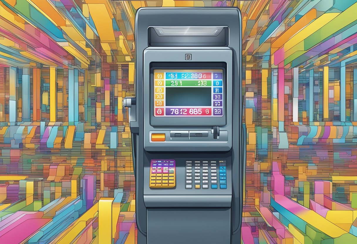 A colorful toto ticket being scanned by a machine, with numbers displayed on a digital screen