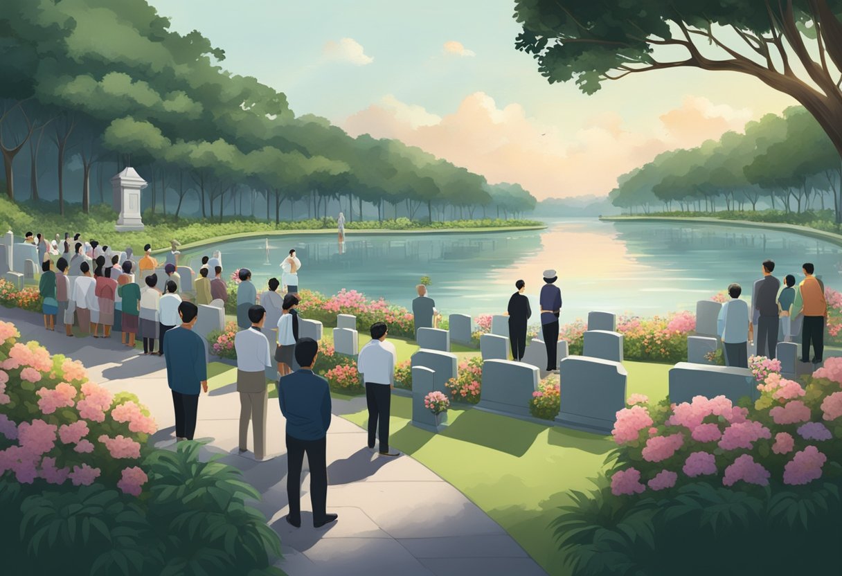 A somber crowd gathers at a serene cemetery in Singapore, surrounded by lush greenery and tranquil waters, as they bid farewell to a loved one