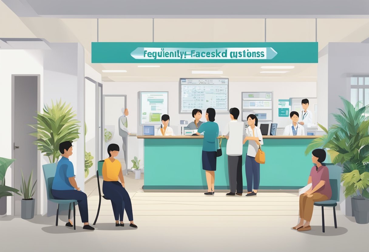 A bustling eye clinic in Singapore with a sign reading "Frequently Asked Questions" and patients waiting in the reception area