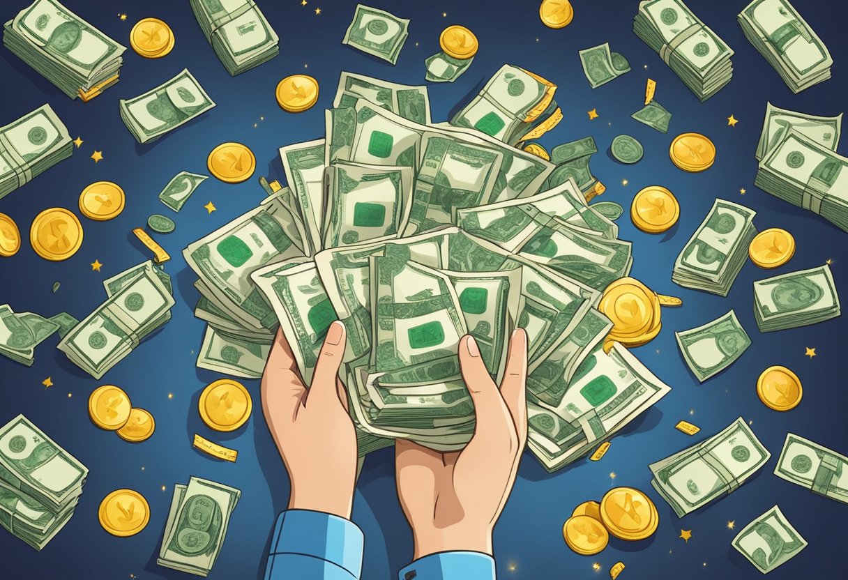 A hand reaches out to claim a winning ticket, surrounded by piles of cash and sparkling prizes