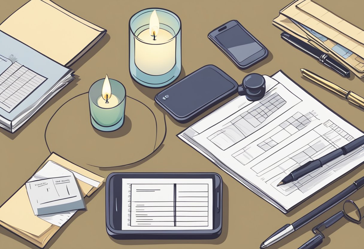 A table with funeral planning materials, such as paperwork, a pen, and a candle. A phone with a list of contacts