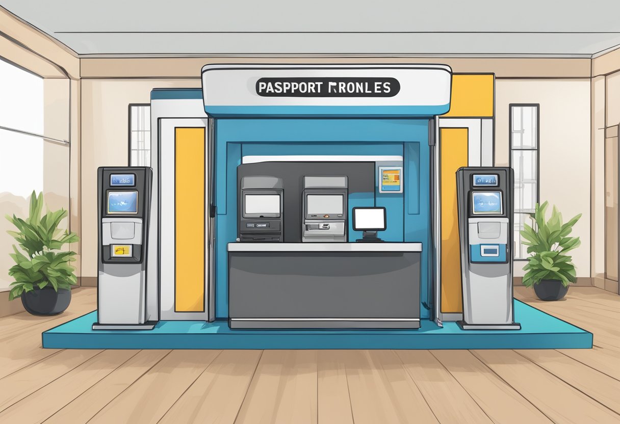 A passport photo booth in Singapore with a camera, screen, and payment slot