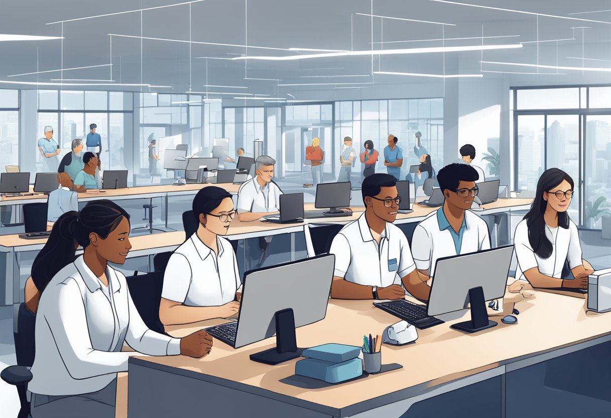 A group of diverse individuals collaborate in a modern lab setting, symbolizing community and partnerships in the context of a decathlon event in Singapore