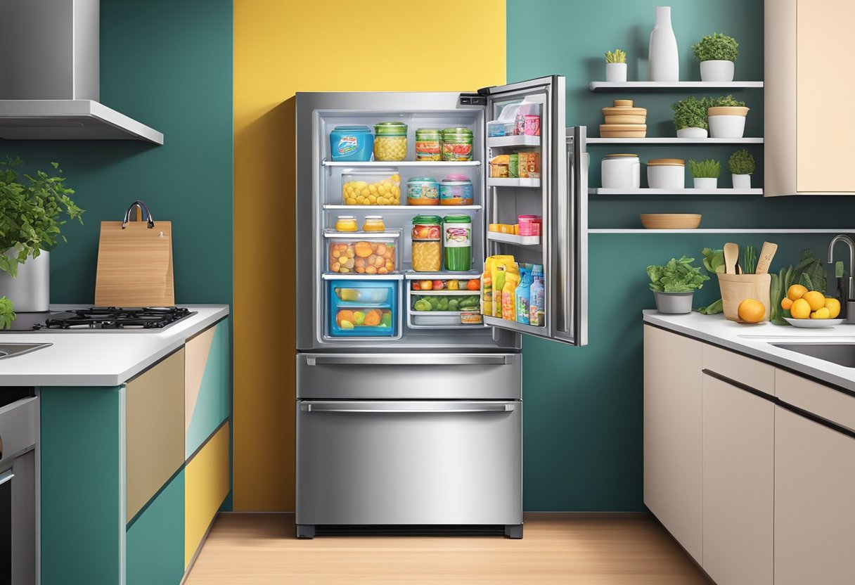 A modern, stainless steel refrigerator stands in a sleek kitchen in Singapore. The fridge is adorned with magnetic souvenirs and family photos, and its doors are covered in colorful post-it notes and grocery lists
