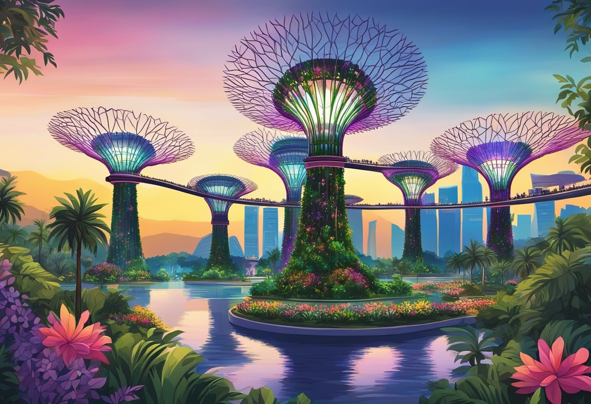 Vibrant flowers and towering supertrees fill the Gardens by the Bay in Singapore. The futuristic architecture and lush greenery create a stunning contrast