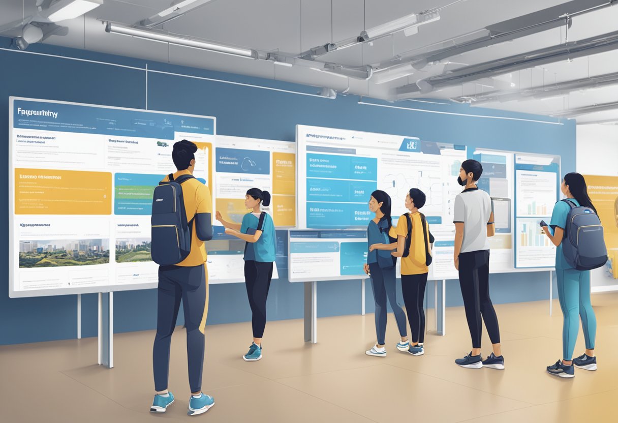 A group of people browsing through a variety of informational panels and interactive displays at the Decathlon Singapore lab, with a prominent "Frequently Asked Questions" section