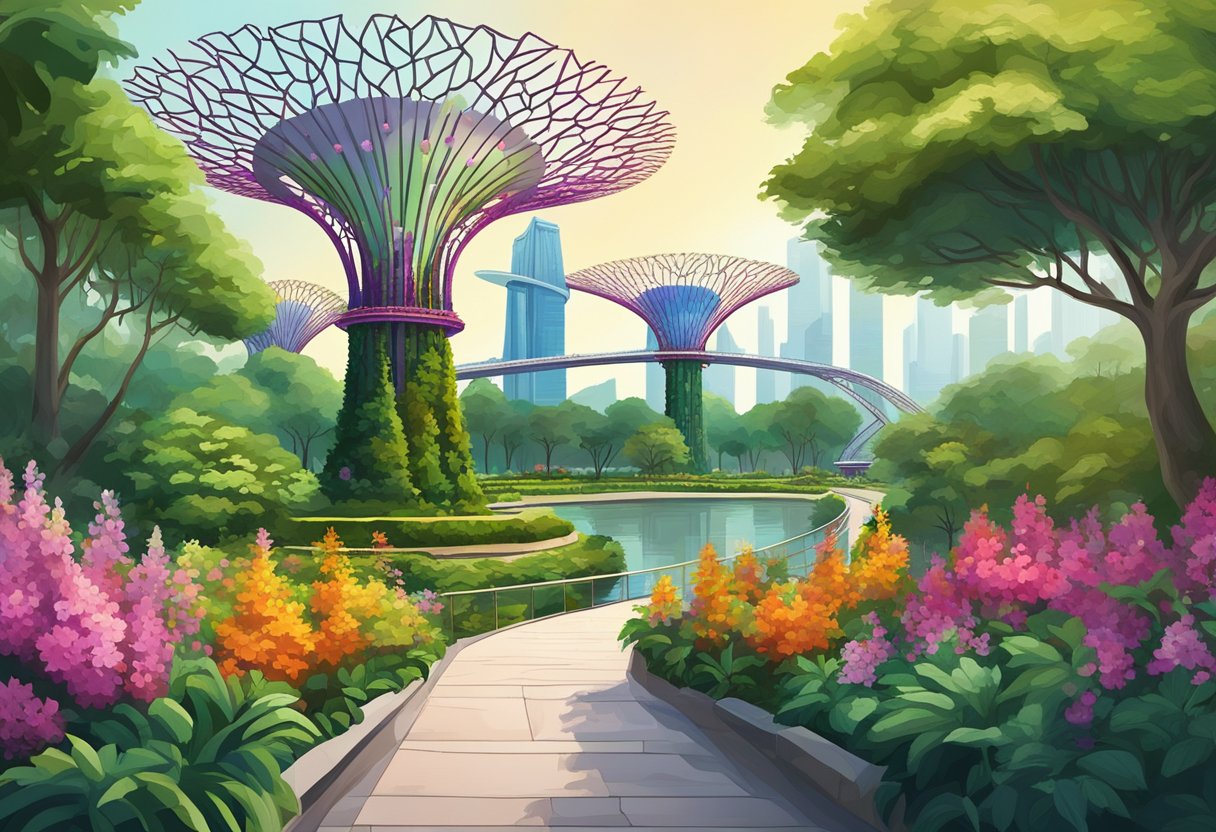 Vibrant flowers bloom beside towering Supertrees, while a winding path leads through lush greenery and tranquil ponds in the Gardens by the Bay, Singapore