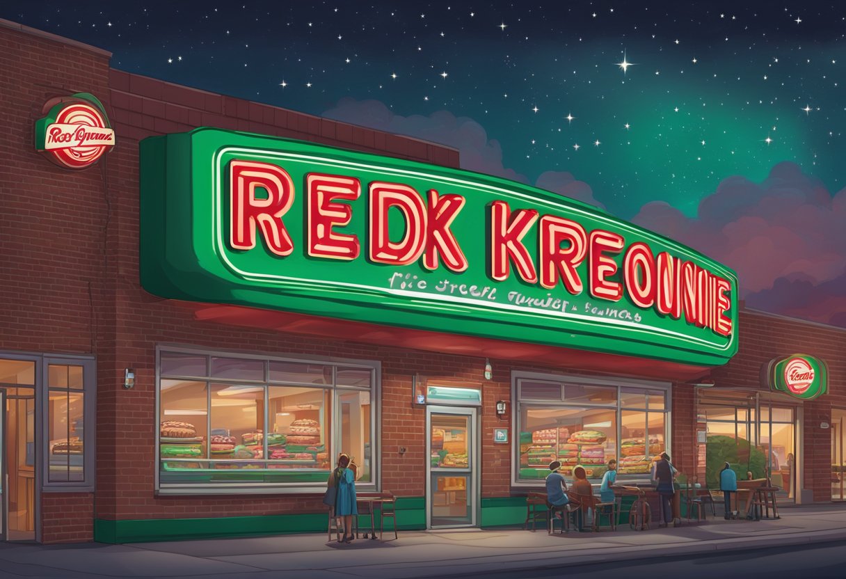 The iconic red and green Krispy Kreme sign glows against the night sky, drawing in customers with the promise of freshly baked doughnuts