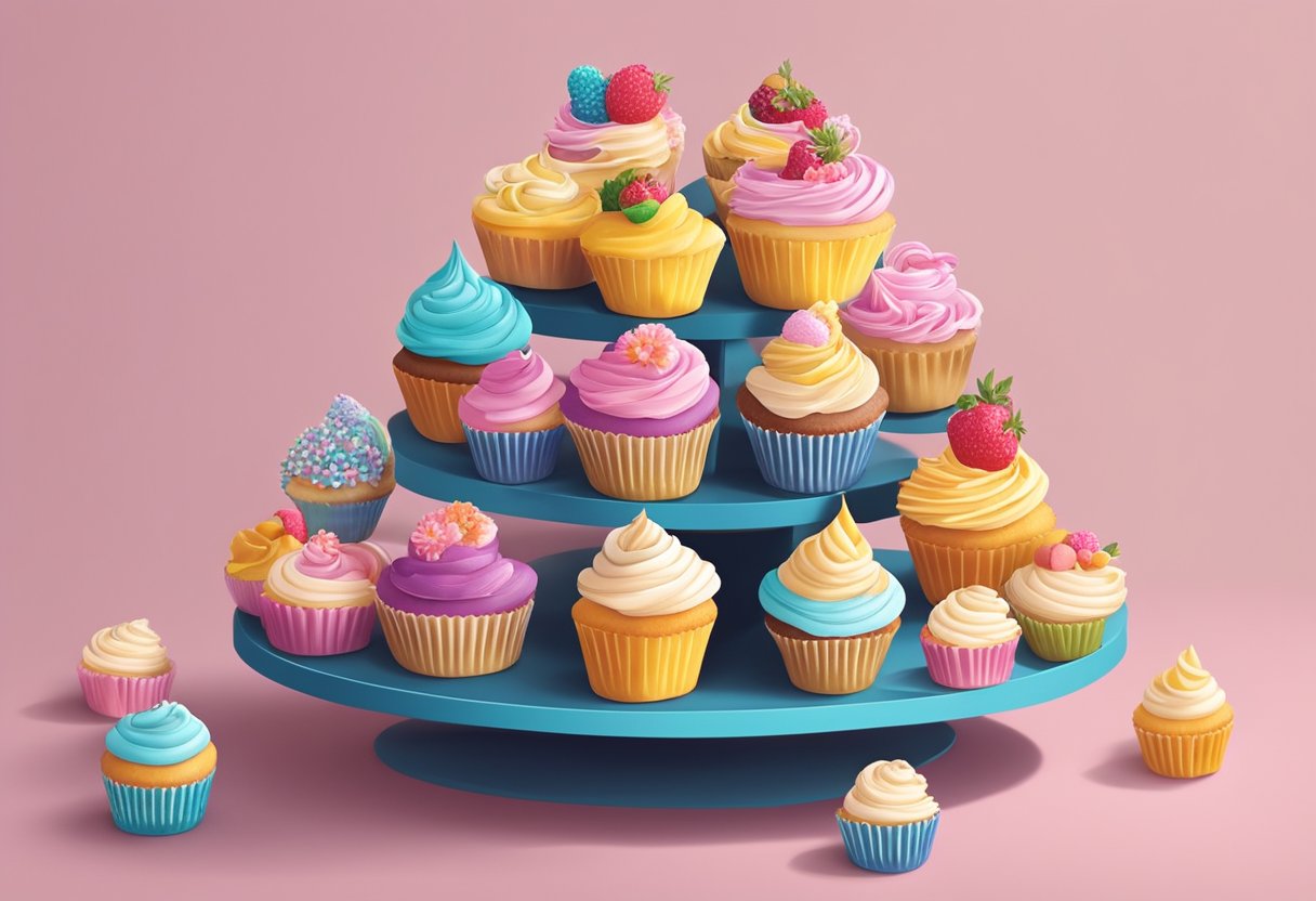 A colorful display of assorted cupcakes in Singapore, arranged on a tiered stand with decorative toppings and vibrant frosting