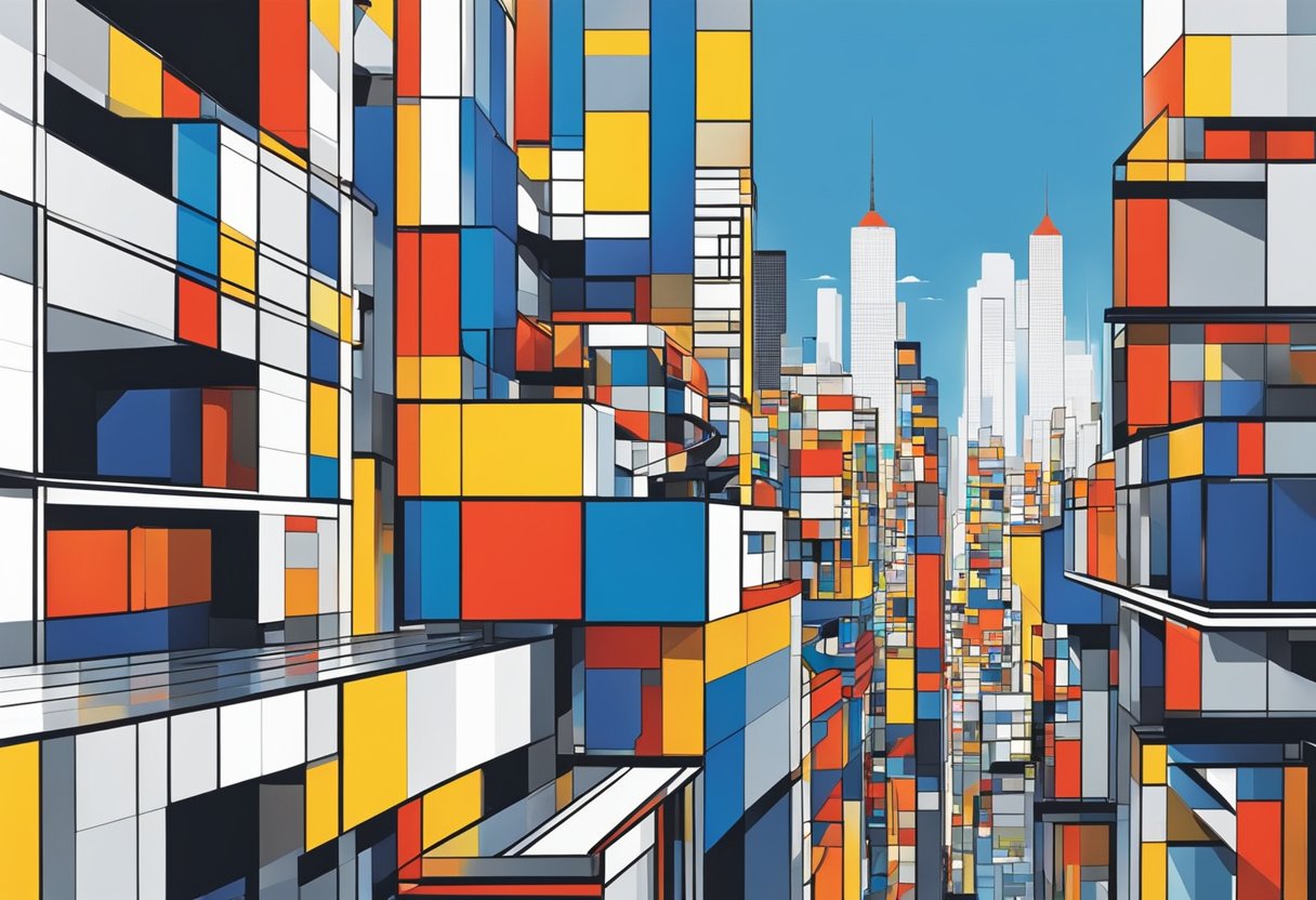 Vibrant cityscape with modern architecture and geometric patterns, reflecting Mondrian's style. Bold primary colors and clean lines dominate the skyline