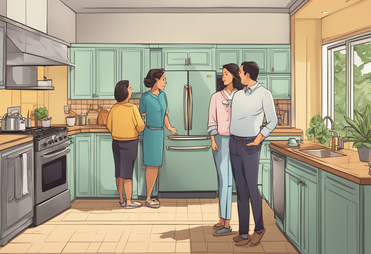 A family stands in a kitchen, comparing different refrigerator models. The salesperson points to various features while the family nods and discusses options