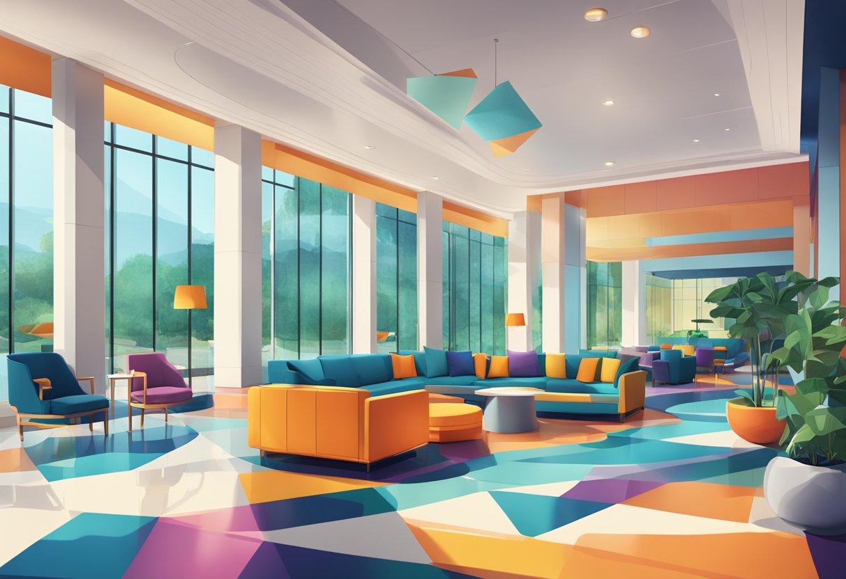 A modern hotel lobby with geometric patterns, sleek furniture, and vibrant colors. A pool and lounge area are visible through large windows