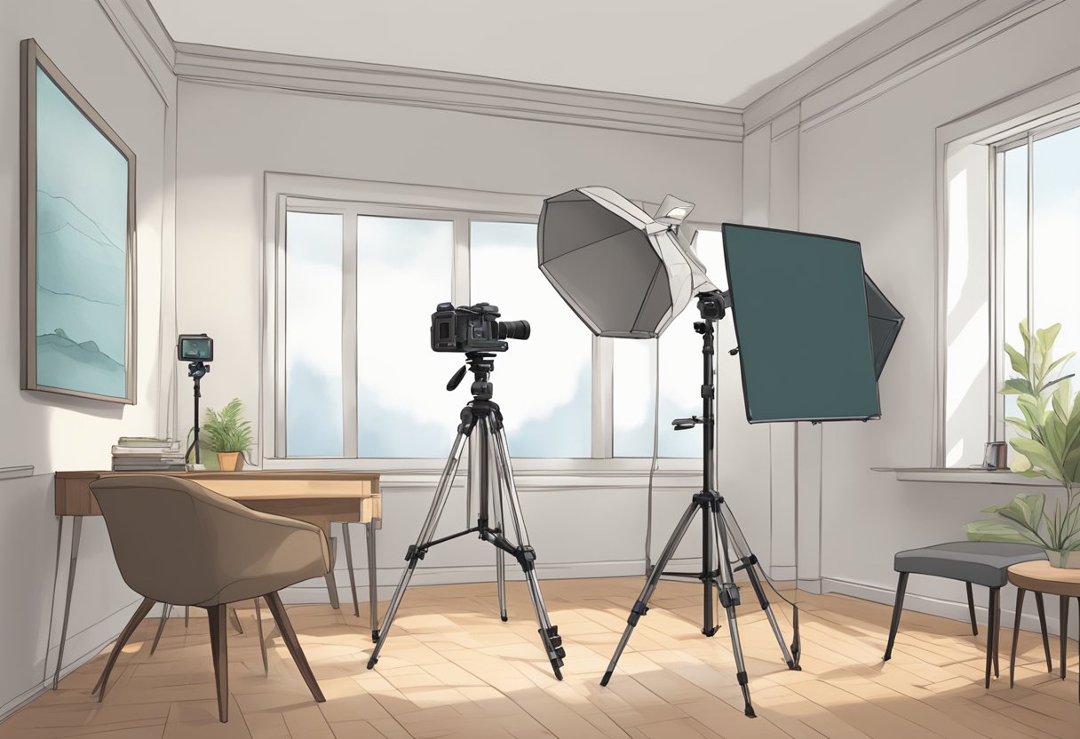 A bright, well-lit room with a neutral background. A camera and tripod set up facing a chair with clear instructions for positioning and facial expression