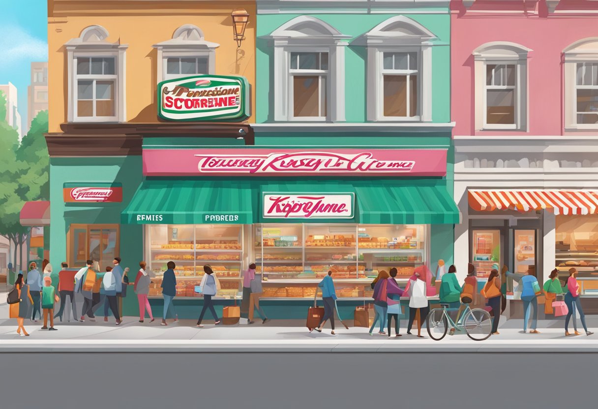 A bustling city street with a vibrant Krispy Kreme storefront, adorned with colorful signage and a line of eager customers