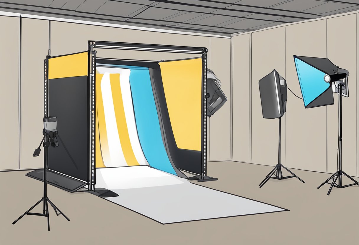 A passport photo booth with a bright overhead light, a camera, and a screen displaying instructions for taking the photo