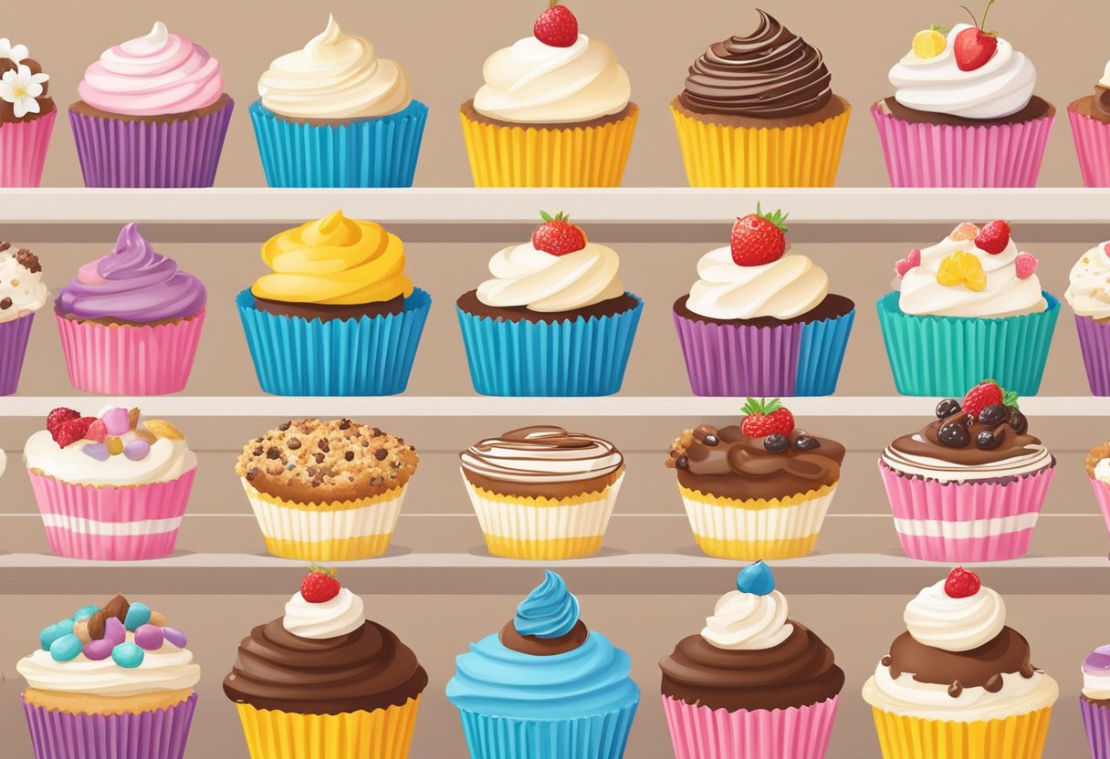 A colorful display of cupcakes at Cupcake Delights in Singapore, with various flavors and toppings, surrounded by a cozy and inviting atmosphere
