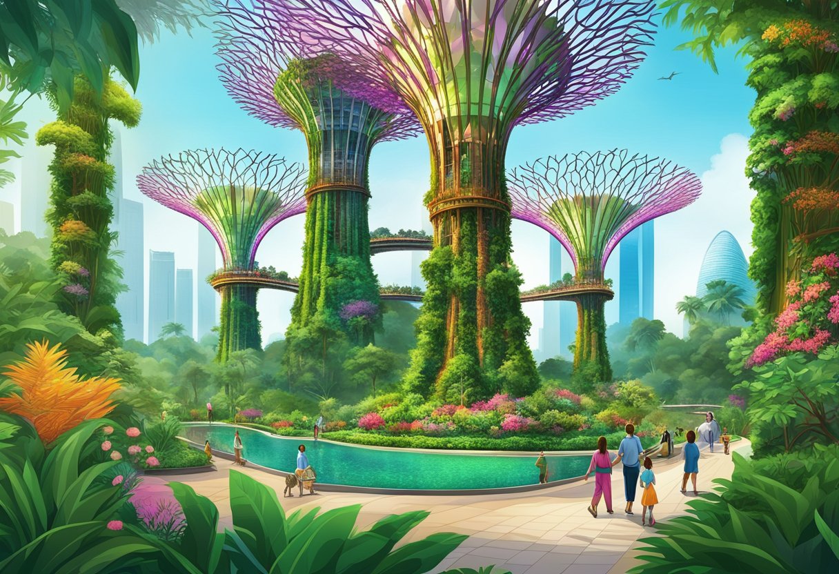 Lush green gardens with towering Supertrees, colorful floral displays, and futuristic architecture at Gardens by the Bay, Singapore
