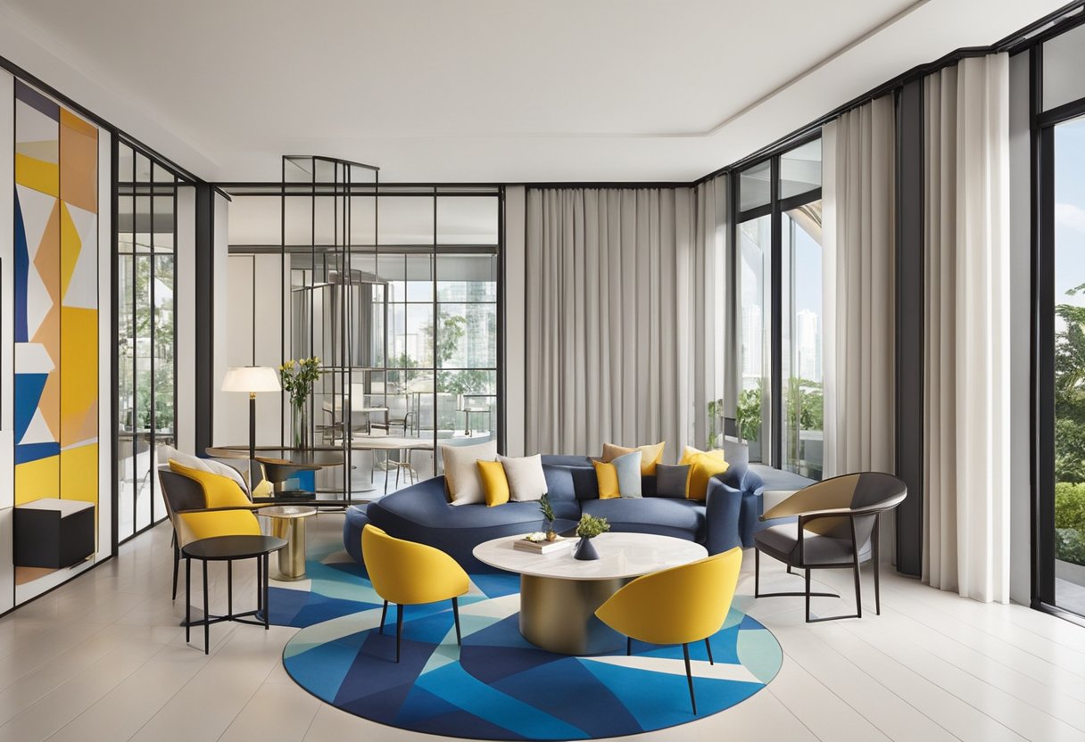 Vibrant colors and geometric shapes fill the modern, stylish space of Design and Experience Mondrian Singapore. The sleek, contemporary design exudes sophistication and elegance