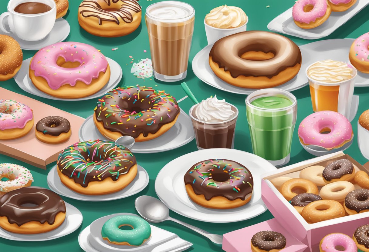 A table set with assorted doughnuts and beverages at Krispy Kreme Singapore