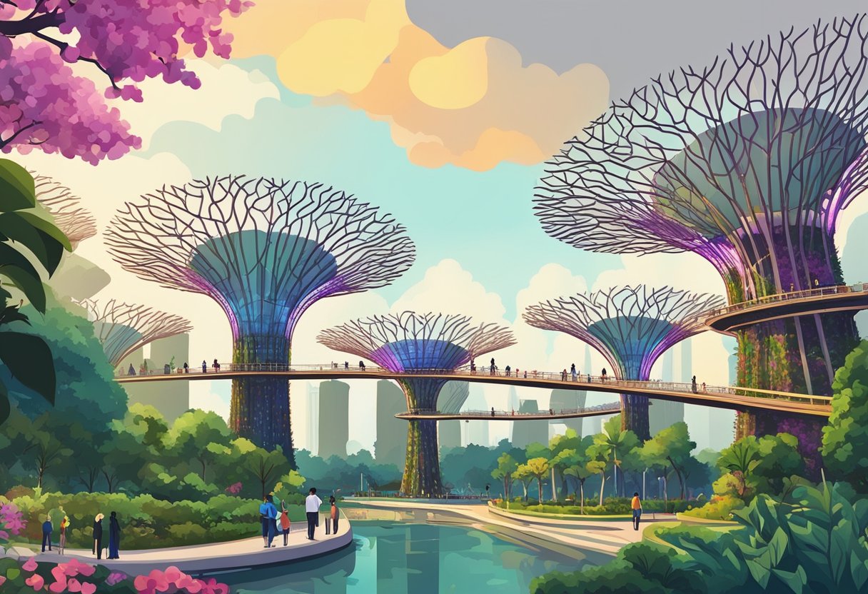 Colorful flowers and lush greenery surround the iconic Supertree Grove at Gardens by the Bay in Singapore. The towering structures and vibrant foliage create a stunning and lively atmosphere