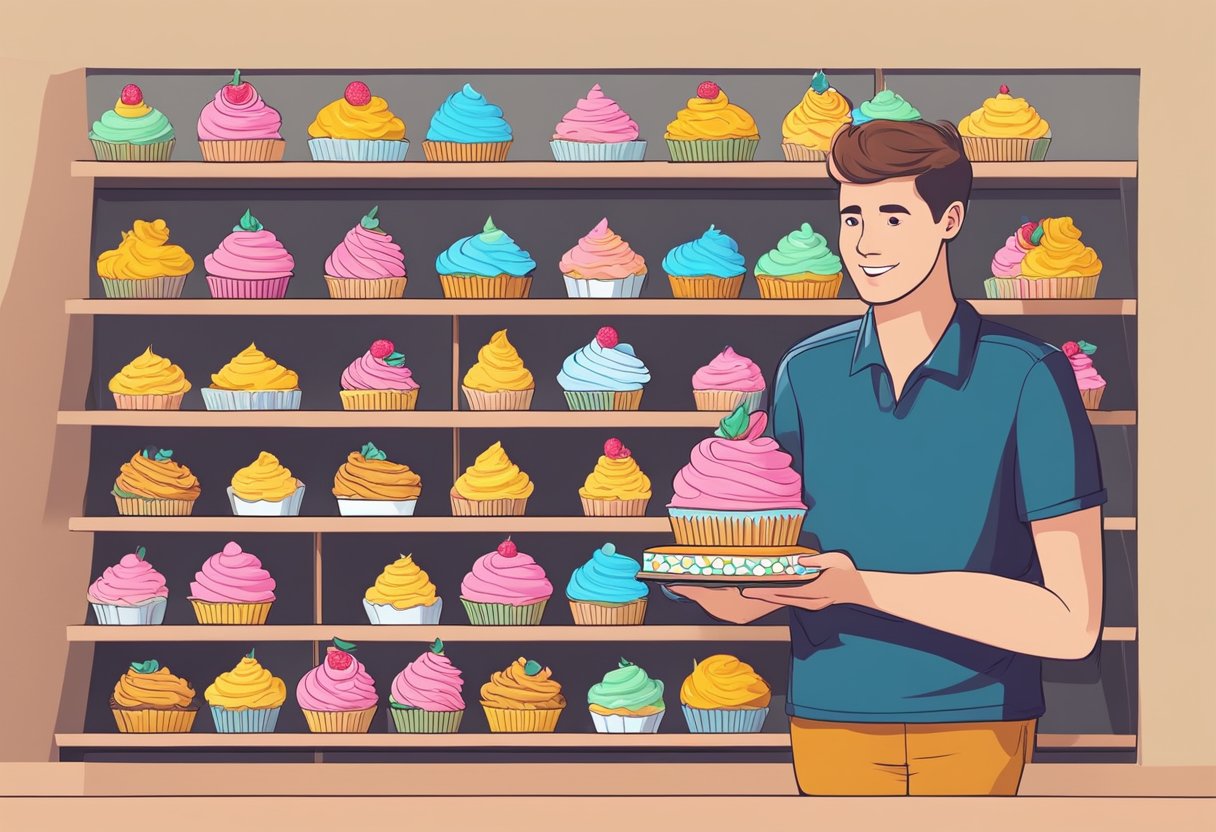A hand reaches for a colorful cupcake display. A delivery person holds a box of cupcakes, ready to be transported