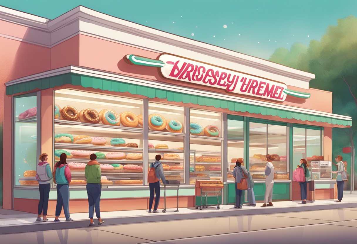 A brightly lit Krispy Kreme store with a queue of customers, a colorful display of donuts, and a friendly staff member answering questions