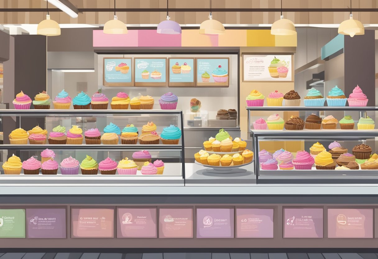 A display of colorful cupcakes with "Frequently Asked Questions" signage in a bustling Singapore bakery