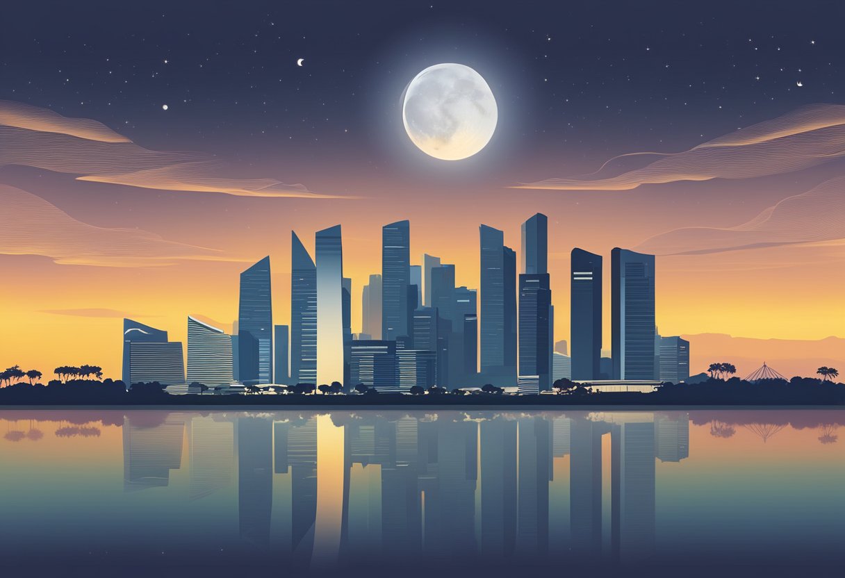The city skyline of Singapore silhouetted against the darkening sky as the moon partially obscures the sun during the eclipse