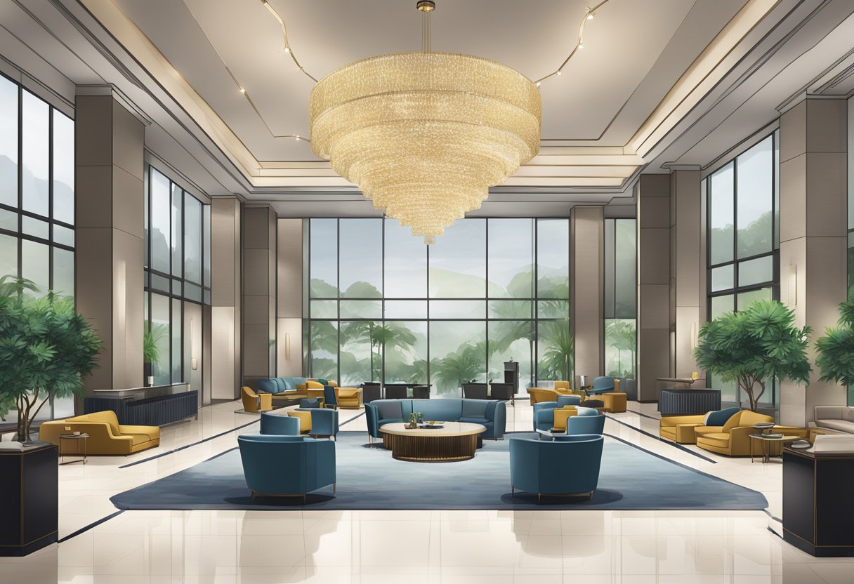 The Pullman Singapore hotel lobby, with modern furniture, a grand chandelier, and a sleek reception desk