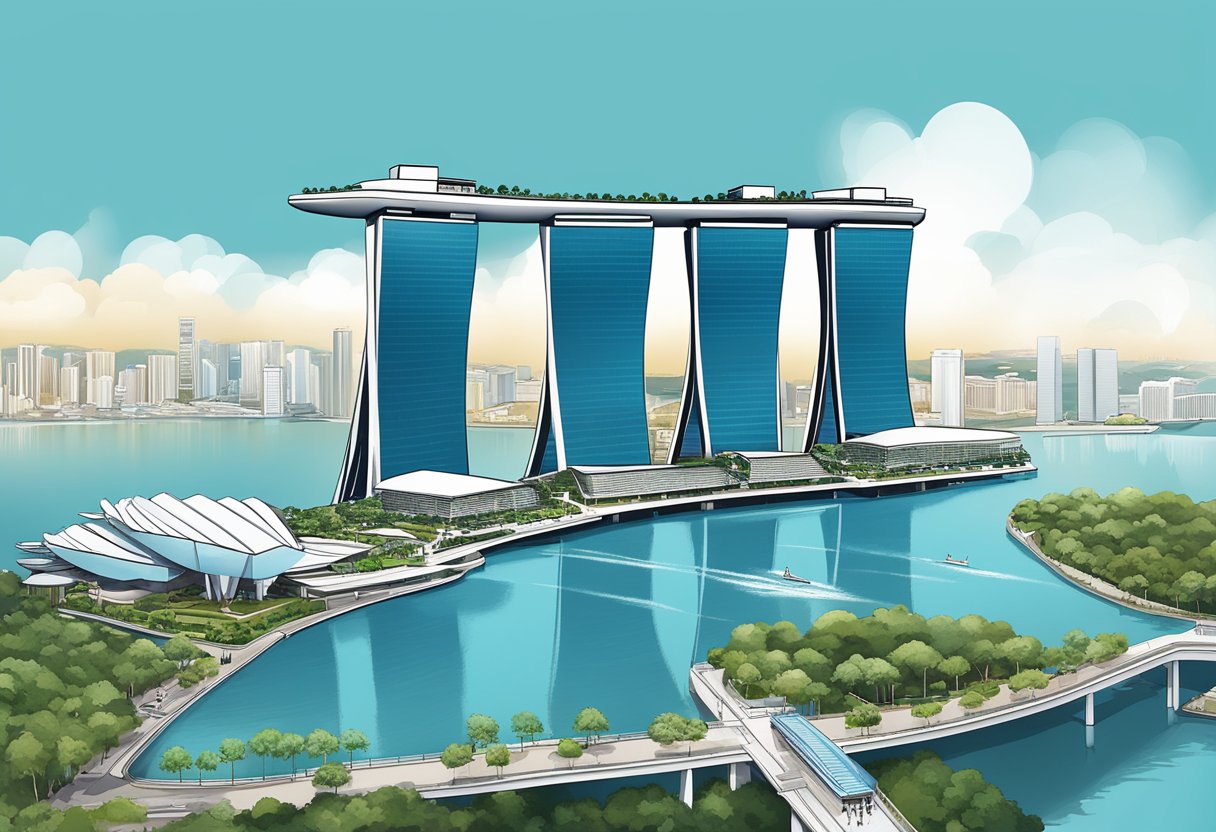 Aerial view of Marina Bay Sands in Singapore, with three iconic towers connected by a large rooftop terrace and infinity pool overlooking the city skyline