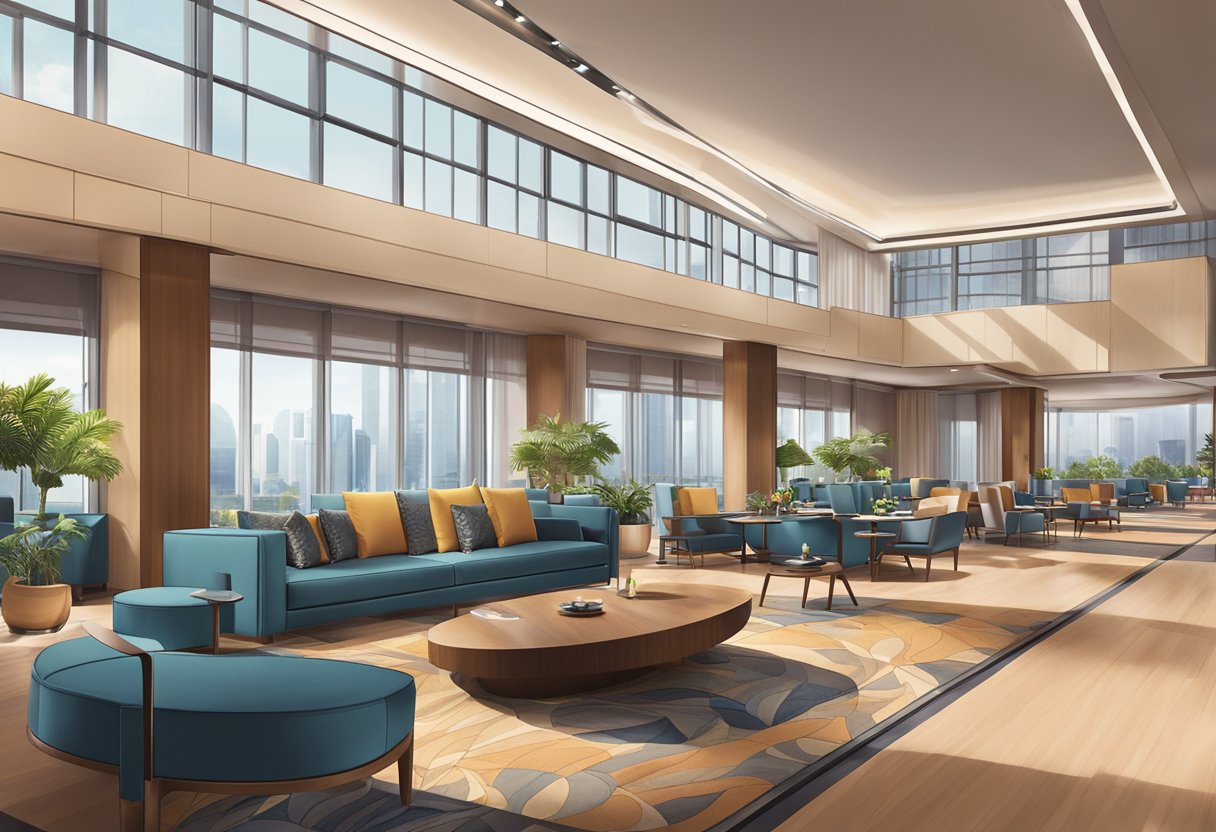 The Pullman Singapore hotel lobby is modern and spacious, with sleek furnishings and a warm color palette. The amenities include a fitness center, spa, and rooftop pool with stunning city views