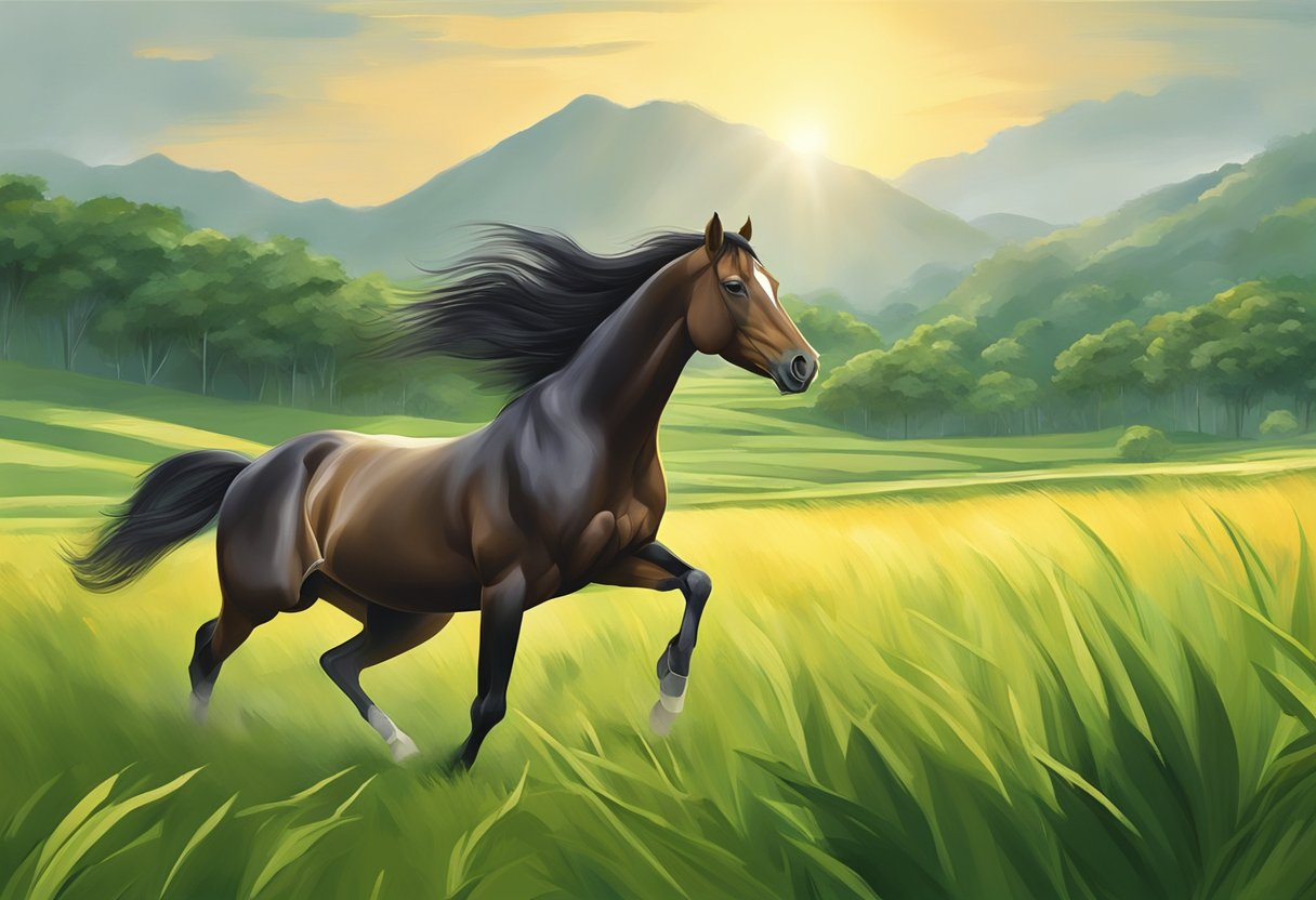 A horse gallops across lush green fields in Singapore. The sun shines brightly, casting a warm glow on the horse's sleek, muscular body as it moves gracefully through the landscape