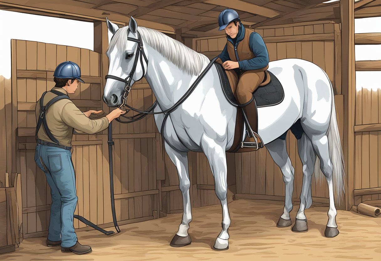 A horse being saddled up in a stable, with a rider adjusting the stirrups and preparing to mount