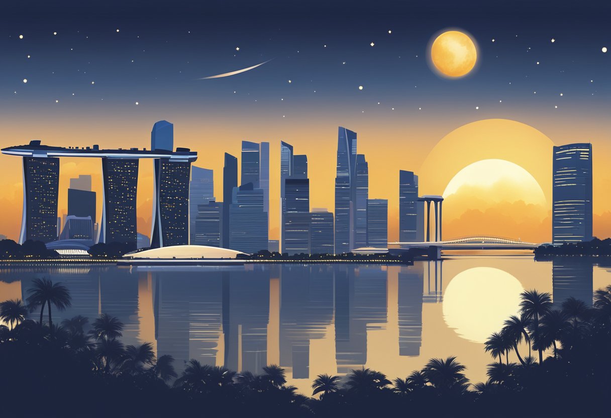 A night sky with a partial solar eclipse over the iconic Singapore skyline