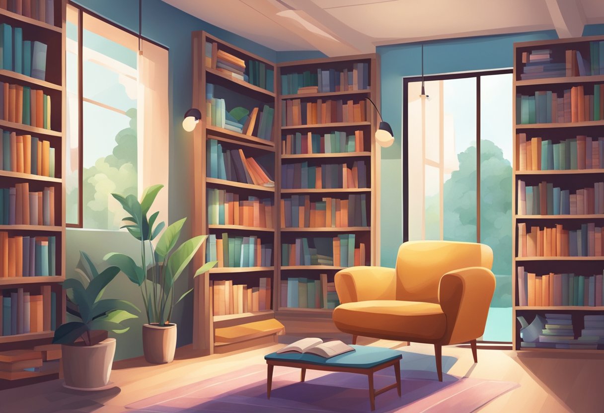 A cozy bookstore in Singapore with shelves of colorful books, a reading nook with a comfortable armchair, and large windows letting in natural light